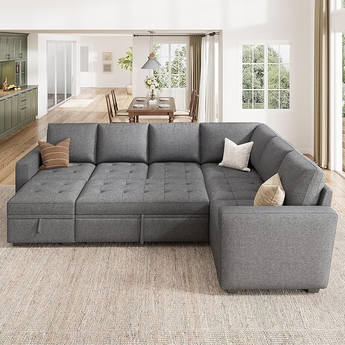 HONBAY Modular Sectional Couch with Pull Out Bed Sleeper Sofa with Storage U Shaped Modular Sectional Couches for Living Room,Mid Grey