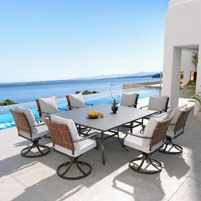 Grand patio 10-Piece Outdoor Dining Set, 8 Leather-Look Wicker Swivel Patio Chairs & 2 Rectangular Dining Table, Black - Image 2