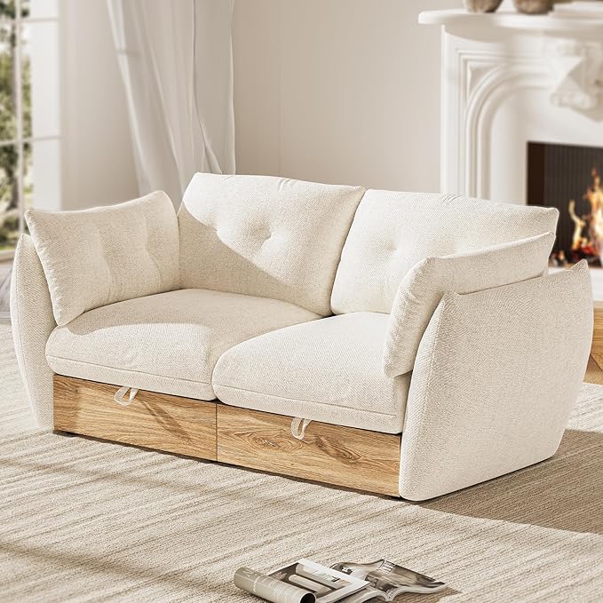 70" Loveseat Sofa with Storage, Cotton and Linen Fabrics Modern Oversized Modular Sectional Cloud Couch with Armrest Pillow, Easy Assembly for Small Spaces, Ivory