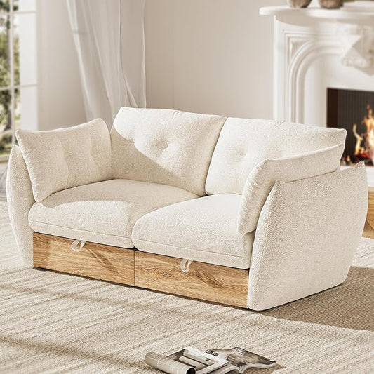 70" Loveseat Sofa with Storage, Cotton and Linen Fabrics Modern Oversized Modular Sectional Cloud Couch with Armrest Pillow, Easy Assembly for Small Spaces, Ivory