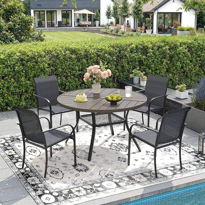 DIFY 5 Pieces Outdoor Patio Dining Set for 4, 40.6" Grey Wood-Like Round Metal Dining Table and 4 Grey Stackable Sling Dining Chairs, Outdoor Table and Chairs for Lawn Garden Backyard Deck by DIFY