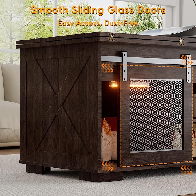 Upgraded Coffee Table with Lifting Top And Sliding Doors, Thick Panels, Industrial Metal Mesh Sides, Dual LED Accent Lights, Large Storage Center farmhouse square Table for Living Room, Dusk Walnut