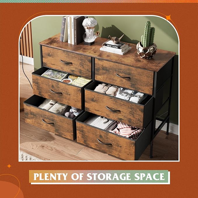 WLIVE Dresser for Bedroom with 6 Drawers, Wide Dresser TV Stand for 50 Inches TV, with Fabric Drawers, Metal Frame, Wooden Top, Storage Dressers for Bedroom, Hallway, Entryway, Rustic Brown - Image 5