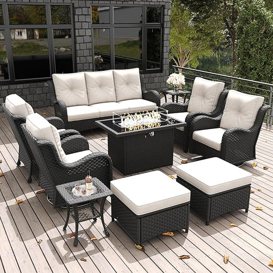 LayinSun 10 Pieces Outdoor Patio Furniture Set with Fire Pit Table, Rattan Wicker Sectional Swivel Rocker Chairs Sets with Ottomans, Swivel Glider Chair, Single Chairs and Coffee Table