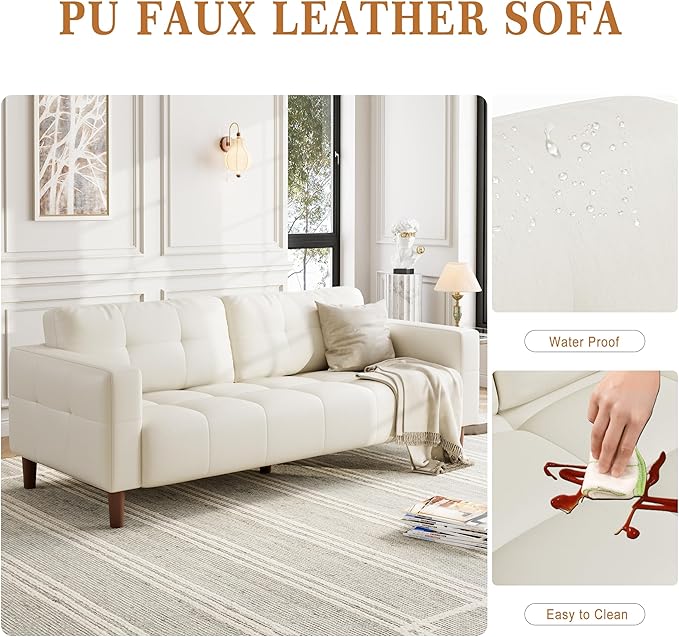 GarveeHome 3-Seater Sofa Couch, 83 in Wide Faux Leather Sofa Couch with Spring Cushion, Modern Sofa with Deep Seats and 2 Removable Back Cushions, for Living Room, Bedroom, Apartment, Office, Beige