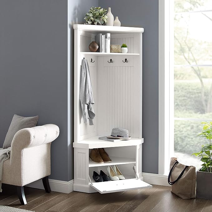 Crosley Furniture Seaside Corner Hall Tree with Shoe Rack Bench and Coat Hooks for Hanging Storage, Distressed White - Image 9
