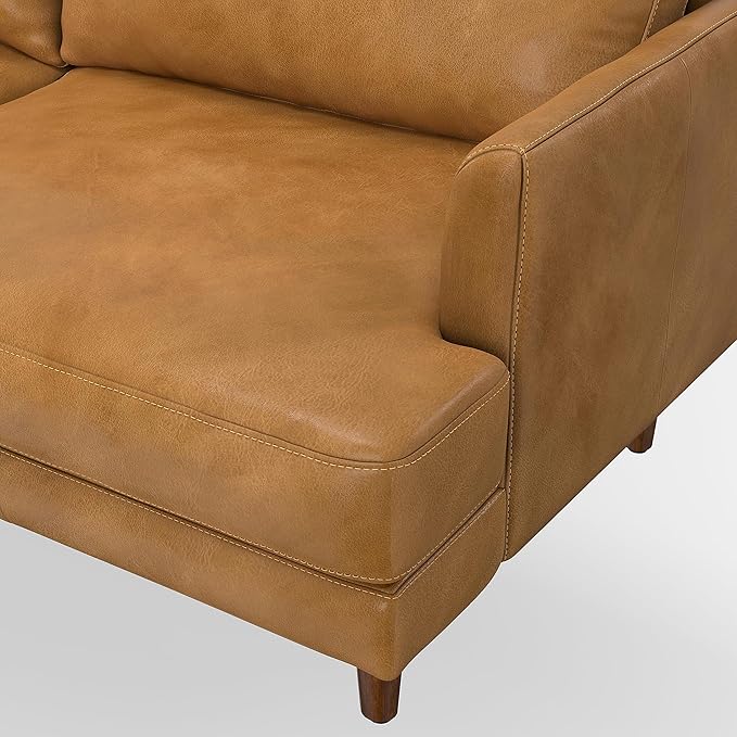 SIMPLIHOME Livingston Sofa - 76 inch Wide Top Grain Genuine Leather Sofa in Sienna, Mid-Century Modern Loveseat for Living Room with Removable Feather-Wrapped Cushions and Solid Wood Frame
