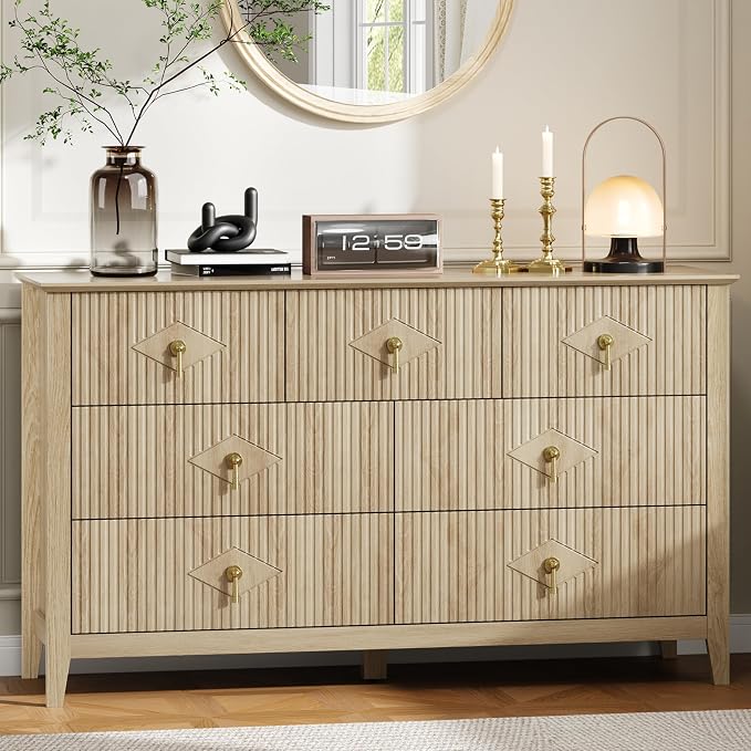 GarveeHome Fluted Dresser for Bedroom, 54 Inch Wide 7-Drawer Wood Dresser, Modern Chest of Drawers, Storage Organizer Cabinet for Living Room, Hallway, Entryway, Natural by GarveeHome