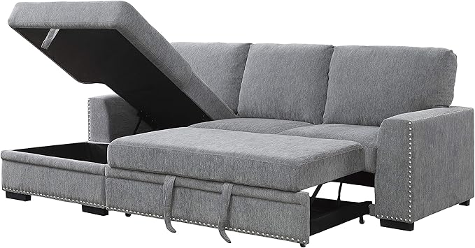 Lexicon Mid Century Modern Sectional Sleeper Sofa Bed Couch with Storage Chaise, Sectional Sofa Pull Out Couch Bed, Sectional Couch Lounge Sofa for Living Room Apartment, Left Side Chaise, Gray