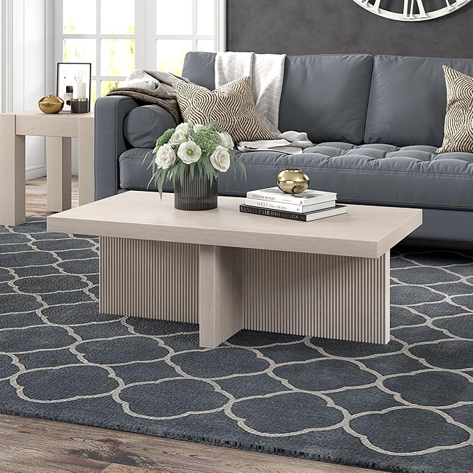 Henn&Hart 44" Fluted Rectangular Wood Pedestal Low-Profile Coffee Table with Ribbed Pedestal Base for Living Room, Family Room or Office, Beech White