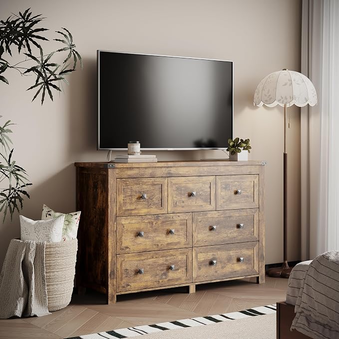 Dresser for Bedroom with 7 Drawers, Farmhouse Wood Chest of Drawers, Wide TV Stand Closet Storage Furniture with Metal Handle, Modern Clothes Organizer for Hallway, Living Room, Entryway, Brown - Image 6
