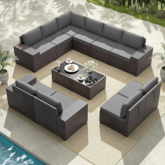 Gotland 12 Pieces Patio Furniture Set, Wicker Outdoor Sectional with Wide Armrests 29.5'' High Backrest 4'' Thick Waterproof Cushions, Oversized Patio Furniture for Deck Garden Gray