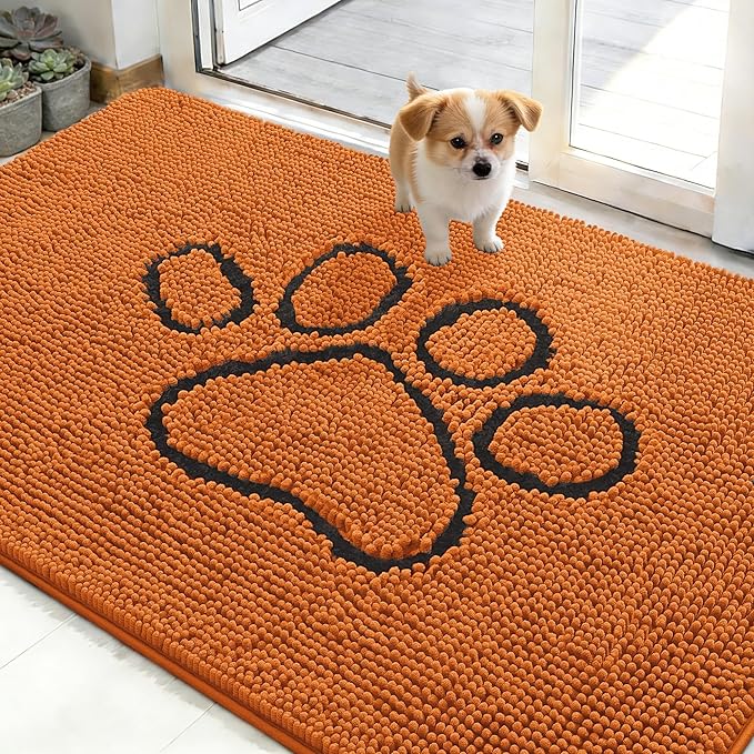 OLANLY Dog Door Mat for Muddy Paws 48x30, Paw Print Design, Absorbs Moisture and Dirt, Absorbent Non-Slip Washable Doormat, Quick Dry Chenille Mud Mat for Dogs, Entry Indoor Entryway Carpet, Clay by OLANLY