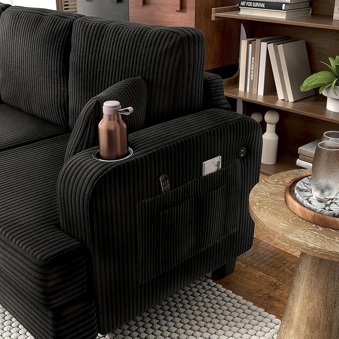 Homes: Inside + Out Reese Modern Plush Chenille Couch with Side Pockets, Cup Holders and USB Ports, Wooden Comfortable Sofa for Living Room, Bedroom and Office, Black