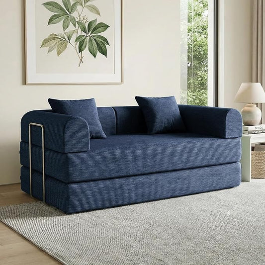 59'' Convertible Compressed Corduroy Folding Sofa Bed, Modern Boneless Pull Out Loveseat Sleeper in a Box, 4 in 1 Floor Mattress Futon Cloud Couch, No Assembly Needed, Navy Blue, 2 Pillows, Queen