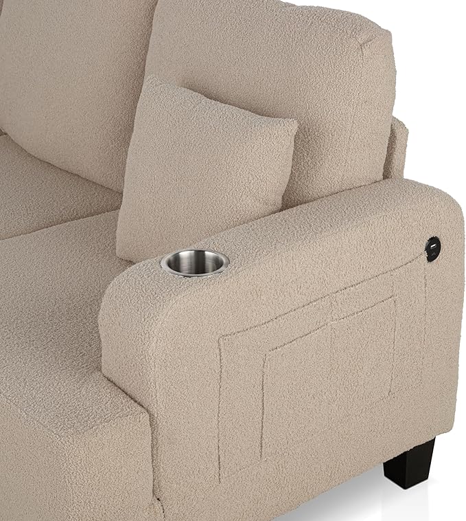 Homes: Inside + Out Reese Modern Plush Boucle Couch with Side Pockets, Cup Holders and USB Ports, Wooden Comfortable Sofa for Living Room, Bedroom and Office, Beige