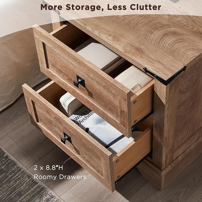T4TREAM 24" Farmhouse Nightstand with Charging Station, Large End Table with 2 Storage Drawers, Rustic Wood Sofa Bedside Table for Bedroom, Light Knotty Oak - Image 5