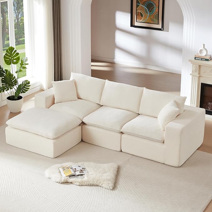 Ball & Cast 108" Modular Sectional Sofa, L Shaped Modular Sectional Couch Deep Seat with Movable Ottoman, Upholstered Convertible Comfy 4 Seater Chenille Sofa for Living Room, Apartment,White