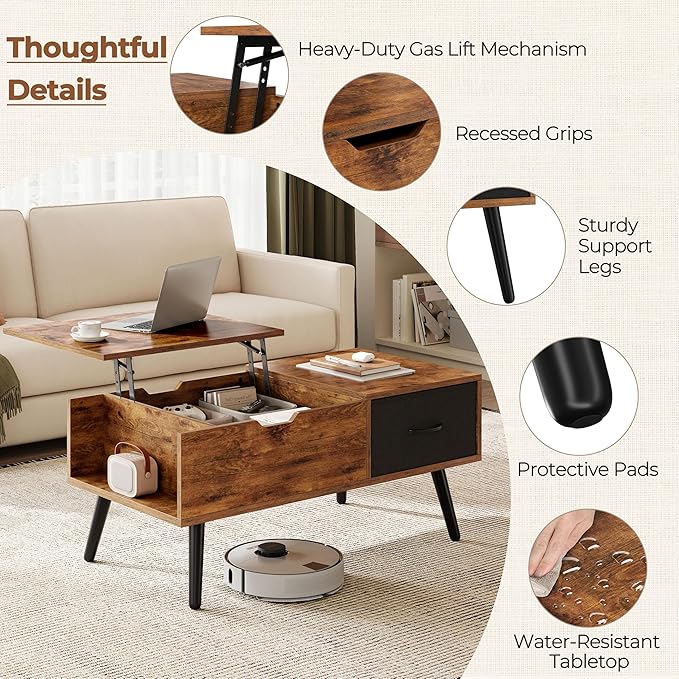 Yaheetech Coffee Table with Storage,39.5'' Lift Top Coffee Table,Hidden Storage Compartment,Foldable Drawer,Lift Tabletop Dining Center Table for Home Living Room Office,Rustic Brown