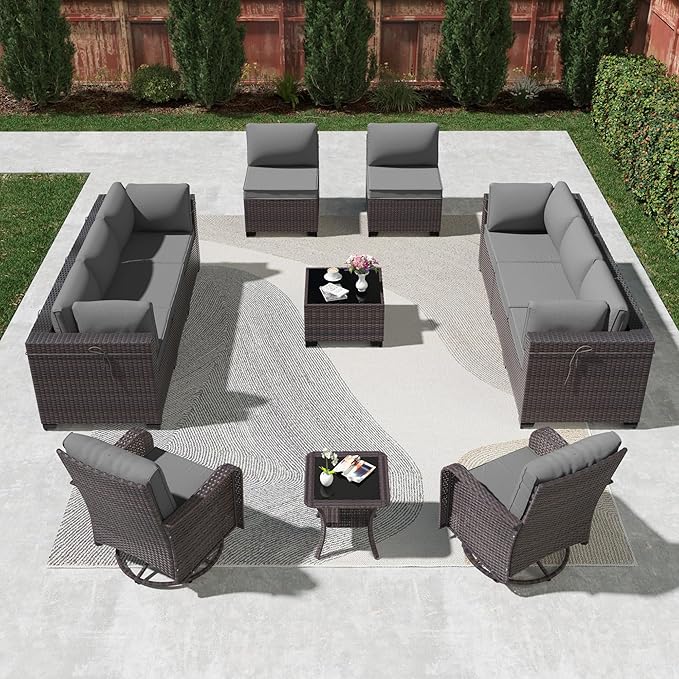 Kullavik 12PCS Outdoor Patio Furniture Set,PE Wicker Rattan Sectional Sofa Patio Conversation Sets with Tempered Glass Table,Swivel Rocking Chairs Set,Grey