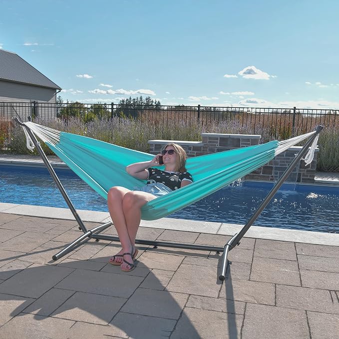 Vivere Double Sunbrella Hammock, Weather-Ready Outdoor Lounger with Space-Saving Steel Stand and Carry Bag, 450 Lb Capacity, 9 Foot, Aruba - Image 2