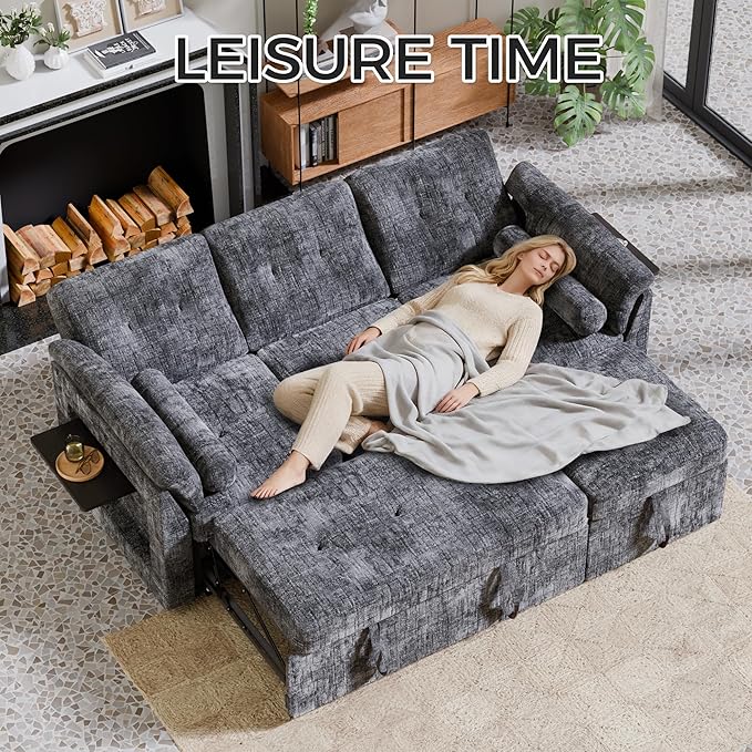 3 in 1 Convertible Sofa Bed, Chenille Pull Out Couch with Side Table, 3 Seat Pull Out Sofa Bed with Level Adjustable Backrest, Comfy Sleeper Sofas for Living Room, Apartment, Gray