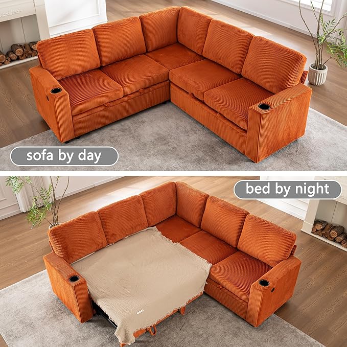 Eafurn 84" Sectional Sleeper Sofa with Pull Out Bed, L-Shaped Modular Corner Sofa with Hidden Storage, Cup Holders & USB Ports, Comfy Corduroy Fabric Convertible Couch for Living Room, Apartment | Breathable material, Side Pockets