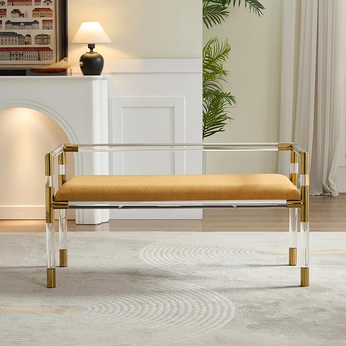 Bedroom Bench with Low Back, Acrylic and Stainless Steel Combination,Upholstered Seat(Yellow) - Image 5