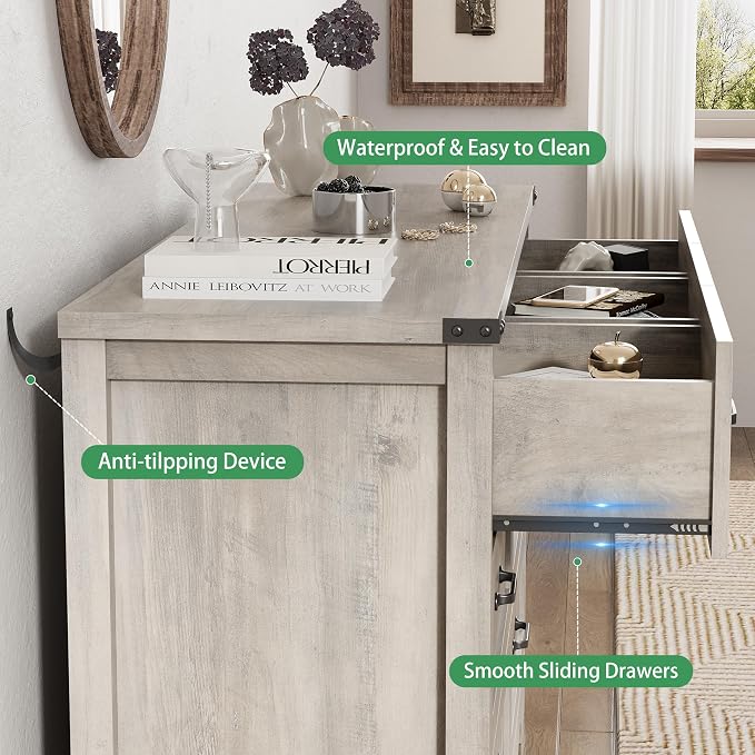 Dresser for Bedroom with 7 Drawers, 58" Wide Wood Chest of Drawers with Deep Drawers & Mental Handle, Modern Dresser TV Stand, Wooden Closet Storage Organizer for Living Room, Hallway, Entryway, Grey - Image 6