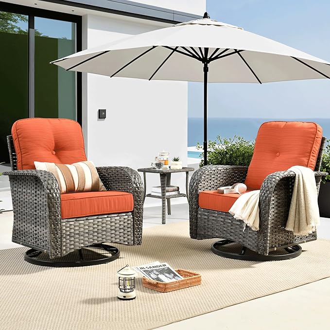 ovios 3-Piece Patio Furniture Set, Outdoor Wicker Sofa with Swivel Chairs, High Back Rattan Gliders Rocker with Comfy Cushions for Porch Yard Deck, Orange Red