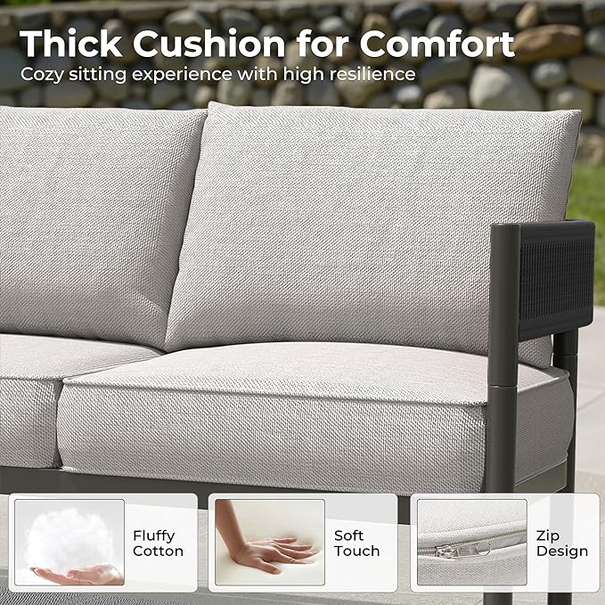 Grand patio 5-Piece Outdoor Furniture Set, 5 Seats Wicker Sofa Conversation Set with 3-Seat Couch, Thick Cushions and Coffee Table, for Backyard, Balcony, Garden (Beige)