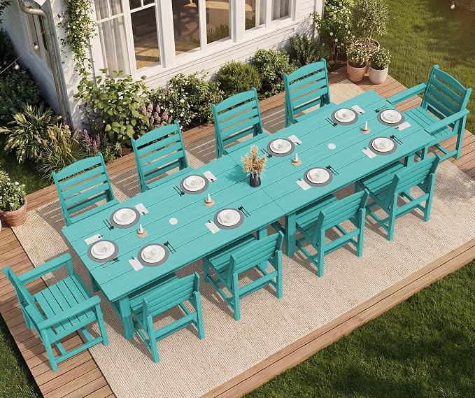 SERWALL Patio Dining Sets for 10 Person, HDPE Dining Set with 2 Tables, 8 Armless Chairs and 2 Armed Dining Chairs, Aruba - Image 3