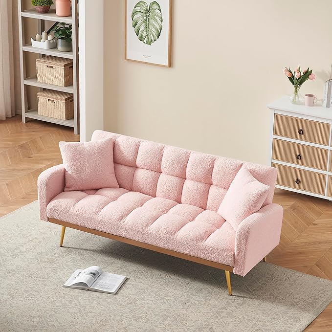 Convertible Futon Loveseat Couch Reversible Loveseat Folding Daybed Guest Bed, Tufted Teddy Fleece Upholstered Convertible Sleeper Sofa Bed with Golden Metal Legs and 2 Pillows for Living Room Office