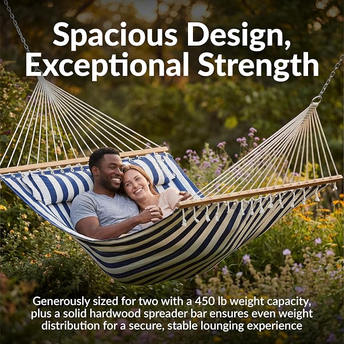 Sunnydaze Quilted Double Hammock for Outside with Spreader Bars and Pillow - 450 lb Capacity, 74x55 Inch Bed, UV Resistant, Quick Dry - Chains Included, Stand Sold Separately - Blue & White Stripe - Image 4