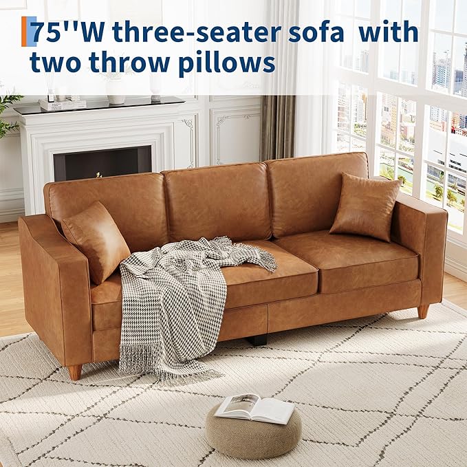 GarveeHome 3-Seater Sofa Couch with 2 Throw Pillows, 85 Inches Faux Leather Couch with Wide Armrests, Deep Seats, Wood Legs, Back Cushion, Sturdy Support Feet, Couches for Living Room, Office, Brown