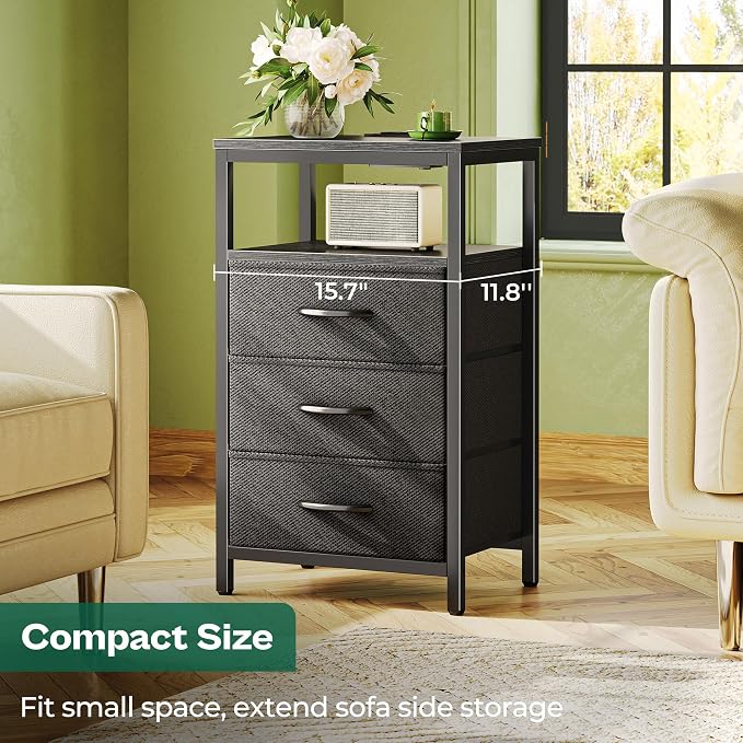 Huuger Nightstand with Charging Station, 27.6 Inch Side Table with Fabric Drawers, End Table Bedside Table with USB Ports and Outlets, Night Stand for Bedroom, Black - Image 5