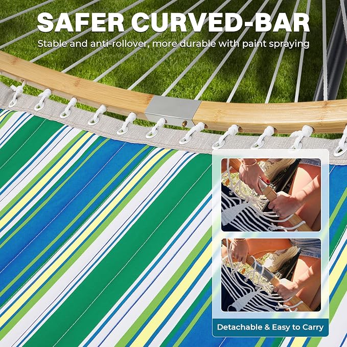 SUPERJARE Curved-Bar Hammock with Stand, 2 Person Heavy Duty Hammock Frame, Detachable Pillow & Portable Carrying Bag, Perfect for Outdoor & Indoor, Green Bold Stripe - Image 5