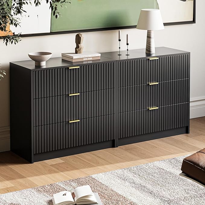 MAISONARIA 3-Piece Dresser Bedroom Set, 5 Drawer Dresser & 3 Drawer Nightstands with Gold Handles, Fluted Wood Chest of Drawers for Bedroom, Living Room, Entryway, Black