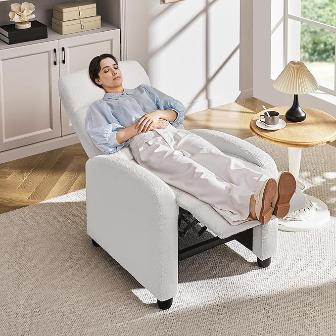 Topeakmart Boucle Recliner Sofa Push Back Recliner Chair Adjustable Modern Single Reclining Chair Upholstered Sofa with Pocket Spring Living Room Bedroom Home Theater White