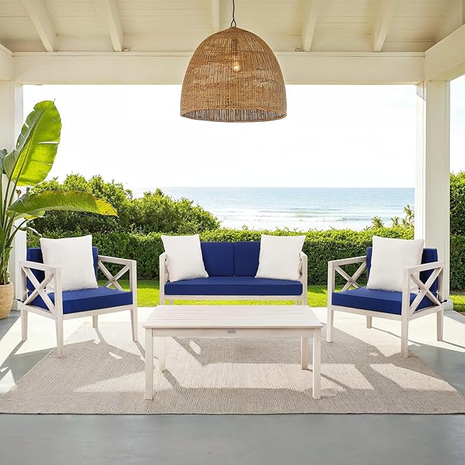 Safavieh PAT7031A Collection Nunzio Teak and White and Navy 4 Pc Accent Pillows Outdoor Set