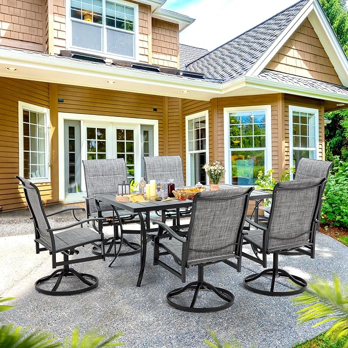 BUPPLEE Patio Dining Set for 6, 6 Piece Patio Swivel Chairs with 1 Piece Large Mental Rectangular Dining Table for Backyard Front Porch Pool Deck,Gray - Image 8