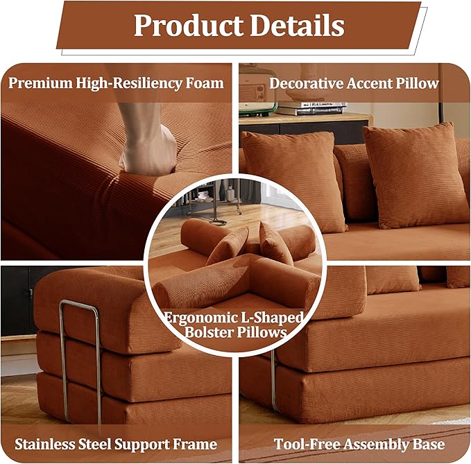 79'' Convertible Compressed Corduroy Folding Cloud Sofa Bed, 5 in 1 Modern Modular Boneless Pull Out Loveseat Sleeper in a Box, No Assembly Floor Futon Couch for Living Room, Orange, Pillows, King