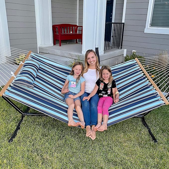 Lazy Daze Hammocks 12 FT Quilted Fabric Double Hammock with Spreader Bars and Detachable Pillow, 450lbs Weight Capacity - Image 2