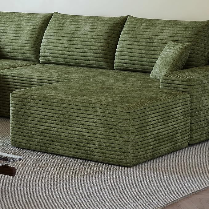 37.4 Inch Oversized Ottoman for Couch, Corduroy Upholstered Footrest with Compressed Memory Foam, Modular Sectional Cloud Pouf, No Assembly Required, DIY Combination, Green