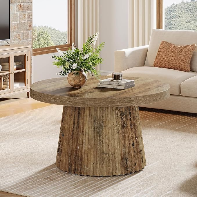 Tribesigns Coffee Table, 31.5" Small Farmhouse Round Coffee Tables with Fluted Drum Base, Mid Century Modern Boho Accent Center Table for Living Room, Apartment, Small Space, Brown