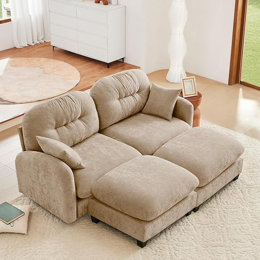 KEIKI 74" Oversized Chenille Modular Sectional Loveseat Sofa with 2 Ottoman, High-Density Foam Cushions, Tufted Pleated Cushion Backrest, Modern 2-Seater Couch with 2 Pillow, for Living Room, Camel