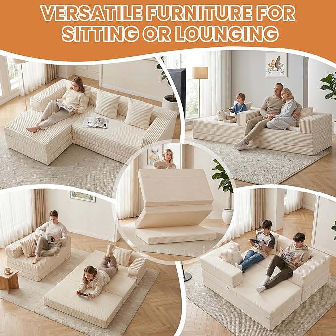 Modular Sectional Sofa, Boneless Convertible Oversized Sleeper Sofa Bed, Modern Tri-Folding Cloud Couch with L-Shape Chaise, Corduroy Futon Couches for Living Room Small Spaces Apartment,No Assembly