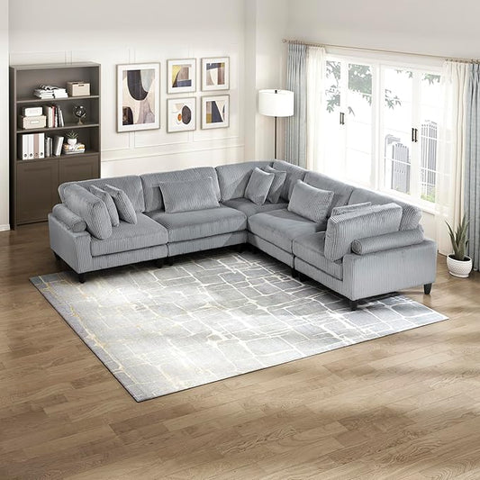 Lexicon 120 Inch Modular Sectional Sofa - Oversized 5 Seater Corduroy L Shaped Sectional Couch, 8 Accent Pillows, and Flexible Arrangement for Modern Living Rooms, Gray