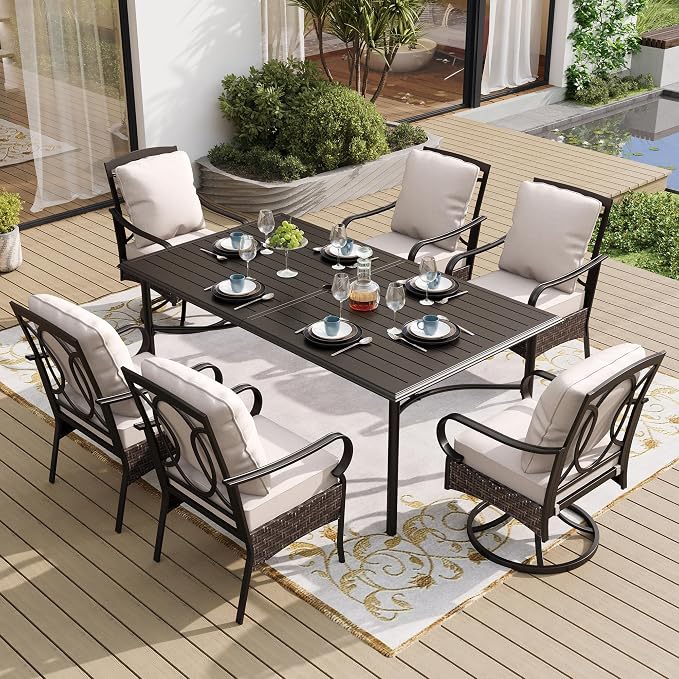 SUNSHINE VALLEY 7 Piece Patio Dining Set for 6, Outdoor Table and Chairs with Cushioned Wicker Swivel & Leg Patio Chairs & Black Dining Table (1.57-1.9”Umbrella Hole), Outdoor Dining Sets for Backyard by SUNSHINEVALLEY
