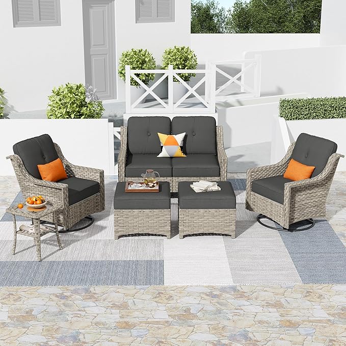 HOOOWOOO 6 Piece Patio Furniture Conversation Sets with Swivel Rocking Chairs,Outdoor Wicker Furniture with Ottoman,All Weather Resistant High Back Rattan Conversational Set(Black)